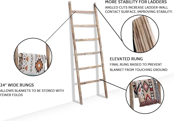 FUIN 6.4ft Extra Wide Wooden Blanket Ladder Living Room Decorative Wal Leaning Farmhouse Quilt Display Holder Rustic Wood Towel Rack for Bathroom, Burnt Brown, 24 inch Wide