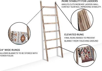 FUIN 6.4ft Extra Wide Wooden Blanket Ladder Living Room Decorative Wal Leaning Farmhouse Quilt Display Holder Rustic Wood Towel Rack for Bathroom, Burnt Brown, 24 inch Wide