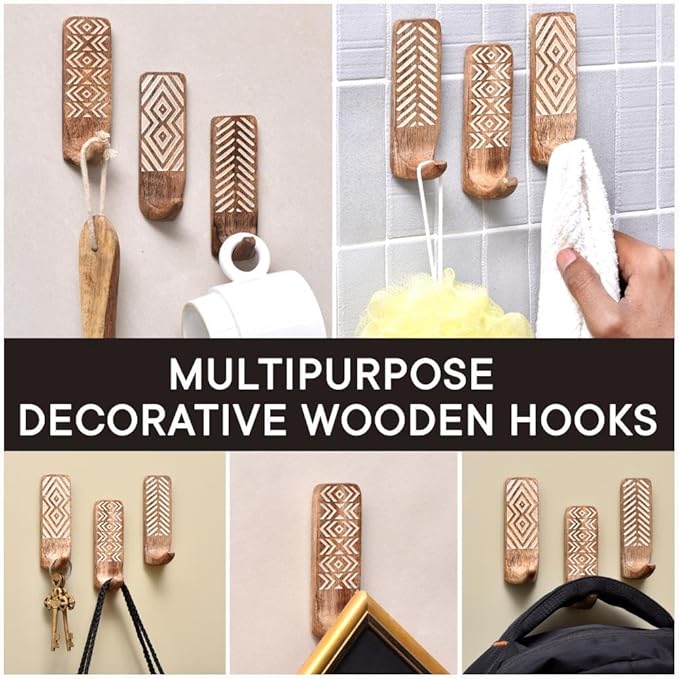 Indian Shelf Boho Decorative Wood Adhesive Wall Hooks for Hanging Coats, Keys, Leash, Hat, Towel Holder, Cute Sticky Key Holder, White & Brown Western Wall Décor (6 Hooks 12 Strips)