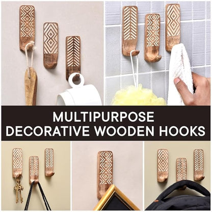 Indian Shelf Boho Decorative Wood Adhesive Wall Hooks for Hanging Coats, Keys, Leash, Hat, Towel Holder, Cute Sticky Key Holder, Brown & White Western Wall Décor (12 Hooks 24 Strip)