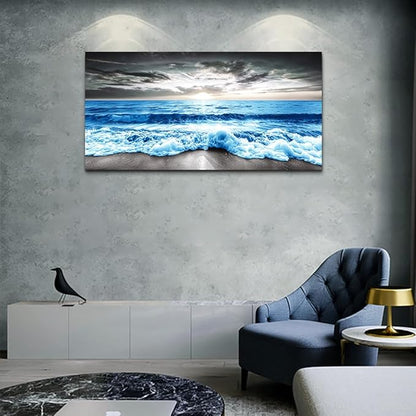 MHARTK66 Large Wall Decor For Office Wall Art For Living Room Modern Bedroom Wall Decor Blue Beach Sun Ocean Landscape Canvas Prints Wall Paintings Seascape Framed Pictures Artwork Home Decor 48x24