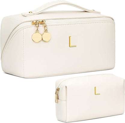 Valentine's Day Gifts for Women Teen Girl, Personalized Initial Makeup Organizer Bag Set, Open Flat Travel Cosmetic Bag With Clear Divider and Handle(Beige,L)