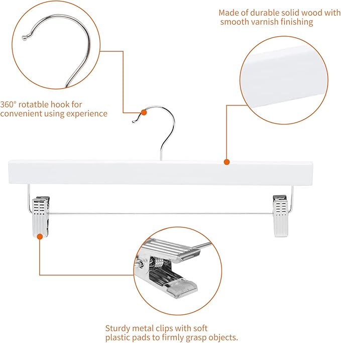 Amazon Basics Durable Wooden Pants and Skirt Hangers with Clips - White, 10-Pack