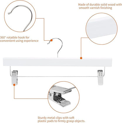 Amazon Basics Durable Wooden Pants and Skirt Hangers with Clips - White, 10-Pack