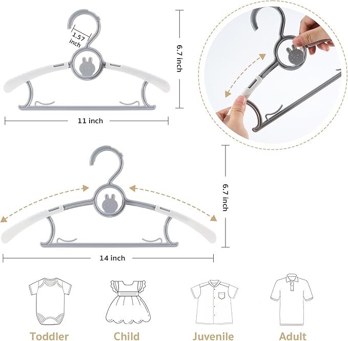 Baby Hangers 20PCS, Adjustable & Stackable Plastic Kids Hangers for Closet, Non-Slip Baby Hangeres, Hanger for Toddler Kid Children Infant Teen, Grey Extendable Toddler Hanger