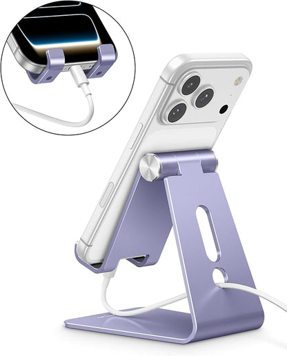 OMOTON Adjustable Cell Phone Stand, C2 Aluminum Desktop Cellphone Stand with Anti-Slip Base and Convenient Charging Port, Fits All Smart Phones, Haze Purple