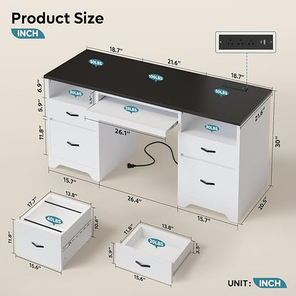 Bestier 59” Computer Desk with 4 Drawers, Office Desk with Storage, Modern Executive Desk with Charging Station, Keyboard Tray & Wooden Pedestals on Both Sides for Home Office & Studio, White