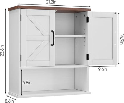 Bathroom Wall Cabinet with Barn Doors, Wall Mounted Bathroom Cabinet, Farmhouse Style, Adjustable Shelf, Wall Mounted Medicine Cabinets, White