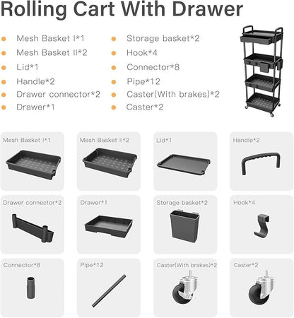 Sorgion 4 Tier Rolling Cart Organizer,Art Craft Diaper Bedside Snack Laundry Room Bathroom Organizer Narrow Thin Slim Rolling Trolley Utility Cart with Wheels for Kitchen,Office(Black)