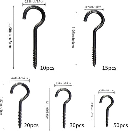 125 Pcs Ceiling Hooks for Hanging Plants - 5 Sizes Metal Screw Hooks Heavy Duty,DIY Hanging Hooks Decors for Christmas String Lights Cup Wind Chime,Bird Feeders Indoor&Outdoor(Black, 125PCS)