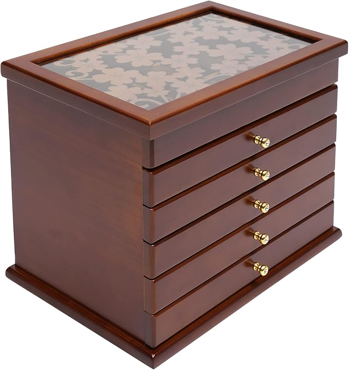Wood Jewelry Box 6-Tier Large Jewelry Organizer Cabinet with 5 Drawers Women Girls Storage Display Case for Necklace Rings Earrings Accessories, with Mirror and Lock (Without Mirror-brown)