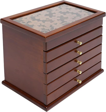 Wood Jewelry Box 6-Tier Large Jewelry Organizer Cabinet with 5 Drawers Women Girls Storage Display Case for Necklace Rings Earrings Accessories, with Mirror and Lock (Without Mirror-brown)