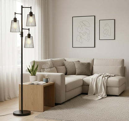 PESRAE Dimmable Industrial Floor Lamp, Farmhouse Floor Lamp Standing Lamp with 3 Elegant Teardrop Cage Heads & Included 3 x 1200LM Edison LED Bulbs, Tall Lamp for Living Room, Bedroom (Matte Black)