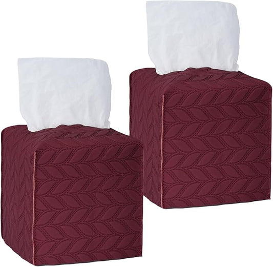 Tissue Box Cover 2-Pack, Square Tissue Holder with Bottom Belt, Modern Tissue Case Facial Paper Organizer Dispenser for Bathroom, Office, Home, Table, Car, Leaf Pattern Red