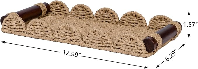 CubesLand Bathroom Toilet Paper Tray Organizer, Scalloped Decorative Tray w/Wood Handle for Counter, Shelves, Wicker Tray for Farmhouse Rustic Home Decor, Coffee Table Decor, Seasonal Decor, Neutral
