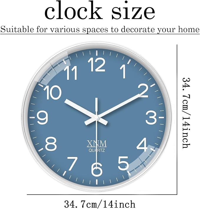 XNM 14 Inch Blue Minimalist Wall Clocks Battery Operated Analog Clock Decorative for Office Bedroom Modern Silent Wall Clock Non Ticking