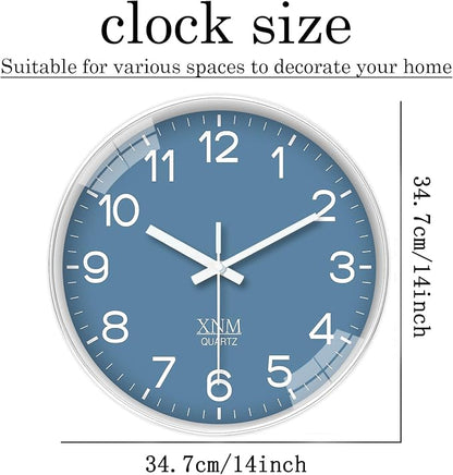 XNM 14 Inch Blue Minimalist Wall Clocks Battery Operated Analog Clock Decorative for Office Bedroom Modern Silent Wall Clock Non Ticking
