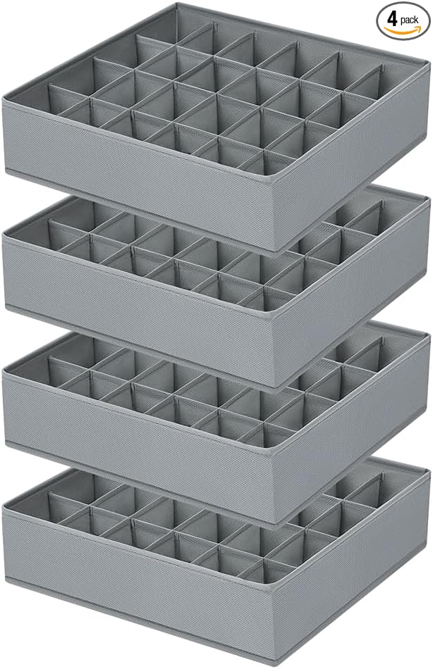 Sock Organizer 4 Pack, 24 Cell Underwear Organizer Foldable Underwear Storage, Sock and Underwear Drawer Organizer for Socks Ties Underwear Belts. (Grey)