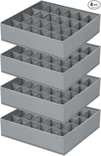 Sock Organizer 4 Pack, 24 Cell Underwear Organizer Foldable Underwear Storage, Sock and Underwear Drawer Organizer for Socks Ties Underwear Belts. (Grey)