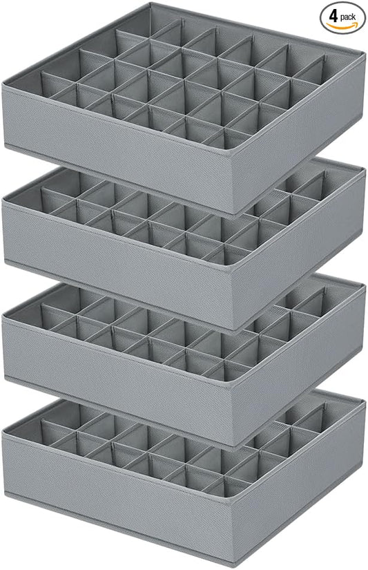 Sock Organizer 4 Pack, 24 Cell Underwear Organizer Foldable Underwear Storage, Sock and Underwear Drawer Organizer for Socks Ties Underwear Belts. (Grey)