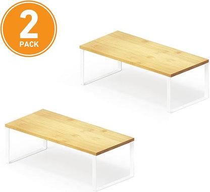 SpaceAid Cabinet Shelf Organizers 2 Pack, Kitchen Counter Rack Shelves Riser, Stackable Expandable Spice Rack, Pantry Cupboard Storage Organization (White and Natural, Long)