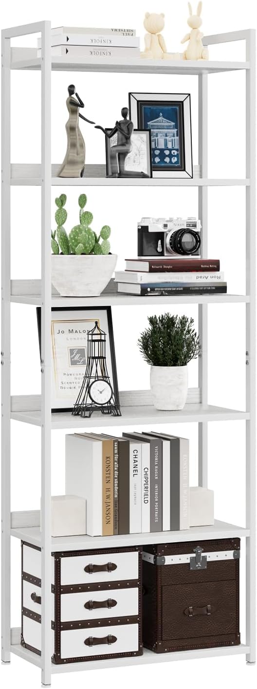 NUMENN Bookshelf, 6 Tier Bookshelves, Home Office Bookcase Shelf Storage Organizer, Free Standing Storage Shelving Unit for Bedroom, Living Room and Home Office, White