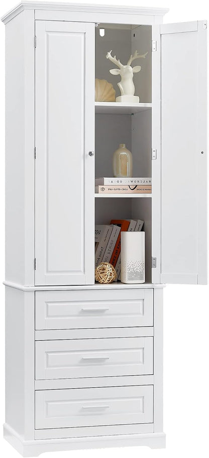 Storage Cabinet, Tall Bathroom Cabinet with Adjustable Shelf | Tall storage cabinet, upper enclosed cabinet and 3 pull-out compartments keep daily essentials organized