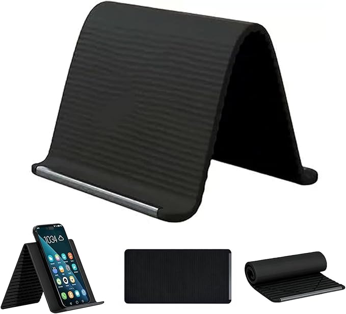 Flexible Silicone Phone Stand with Aluminum, Foldable Portable and Bendable Phone Holder for Phone Tablet Laptop, Portable Rollable Multi-Angle Stand (Black)