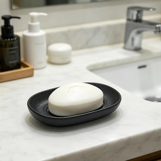 Ceramic Soap Dish for Bathroom & Kitchen Sink- Black Matte Textured Finish Bar Soap Holder for Shower - Easy to Clean Small Simple Oval Soap Dishes Holders for Bar Soaps, Sponges, Jewelry