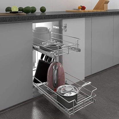 2 Tier Pull Out Cabinet Organizer 14" W X 22" D, Slide Out Drawers For Kitchen Cabinets, Pull Out Drawers For Cabinets Capacity Heavy Duty Caddy, Cabinet Pullout Shelves Chrome-Plated,Bathroom Pantry