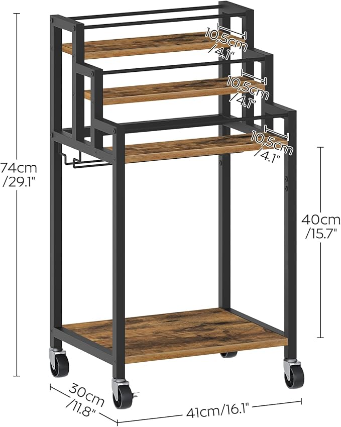 Bar Cart, 3 Tier Home Bar Serving Cart with Glass Holder, Versatile Display Wine Rack Trolley, for Living Room, Kitchen, Rustic Brown BC08BR