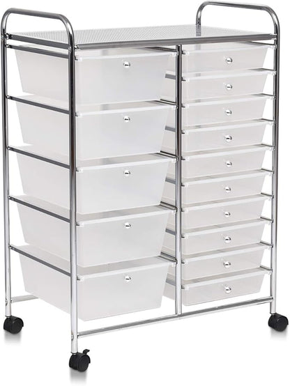 Giantex 15 Drawer Rolling Storage Cart Tools Scrapbook Paper Office School Organizer, Clear