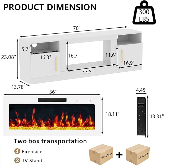PRETZI Fireplace TV Stand with 36" Fireplace Up to 80" TVs,70" Entertainment Center with LED Lights,Remote Control,TV Media Console with Storage Cabinets for Living Room, White+White
