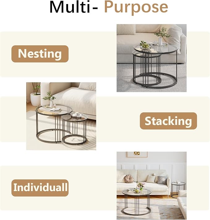 Garden 4 you Nesting Coffee Table, 23.6" Round Coffee Table Set of 2, Glass Nesting Table with Metal Frame, Ceter Tables for Living Room Bedroom Balcony, Black