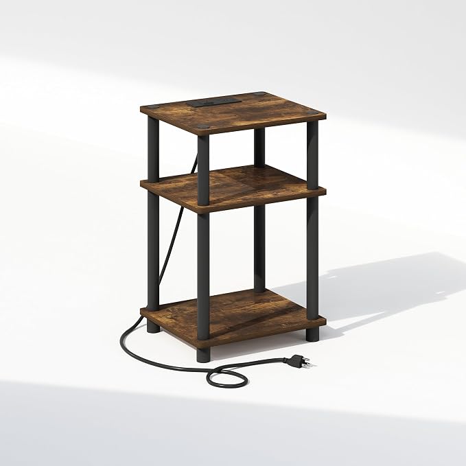Furinno JUST Night Stand, 3-Tier Turn-N-Tube Nightstand with Charging Station, Bedside Table, End Table, Side Table with USB and Type-C Port, for Bedroom, Closet, Dorm, Amber Pine