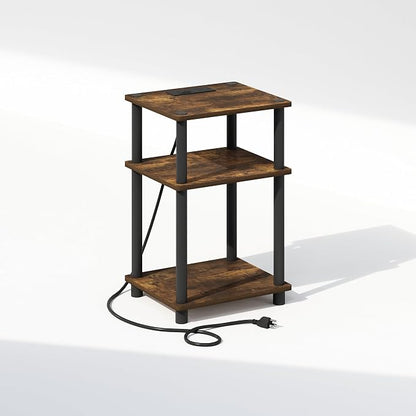 Furinno JUST Night Stand, 3-Tier Turn-N-Tube Nightstand with Charging Station, Bedside Table, End Table, Side Table with USB and Type-C Port, for Bedroom, Closet, Dorm, Amber Pine