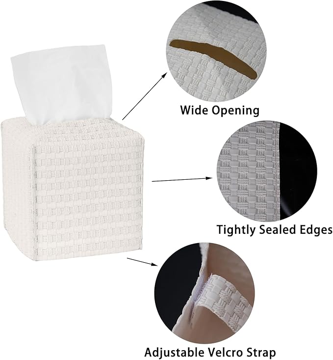 Tissue Box Cover 2-Pack, Square Tissue Holder with Bottom Belt, Modern Tissue Case Facial Paper Organizer Dispenser for Bathroom, Office, Home, Table, Car, Woven Pattern White