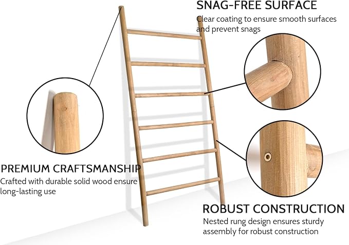 FUIN 6.4ft Extra Wide Wood Blanket Ladder Living Room Decorative Wall Leaning Farmhouse Quilt Display Holder Rustic Wooden Towel Rack for Bathroom, Brown, 38 inch Wide