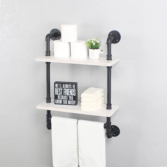 Bathroom Shelves,19.6in Rustic Wood Shelf with Towel Bar,2 Tier Farmhouse Towel Rack Over Toilet,Pipe Shelving Floating Shelves Towel Holder,Black & White