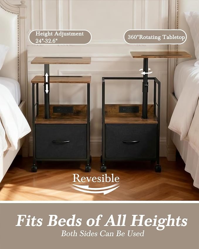 Faesun Swivel Lift Top Nightstand with Charging Station, Rolling Side Table for Recliner, Bedside Table with Wheels & a Fabric Drawer, for Small Spaces, for Bedroom, Living Room, Brown Black
