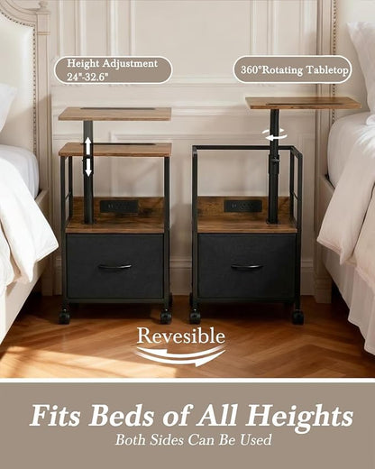Faesun Swivel Lift Top Nightstand with Charging Station, Rolling Side Table for Recliner, Bedside Table with Wheels & a Fabric Drawer, for Small Spaces, for Bedroom, Living Room, Brown Black
