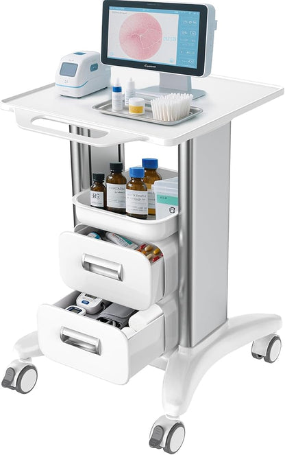 Medical Cart 3 Tiers, Lab Utility Cart with 2 Drawers & 1 Top Tray, ABS Mobile Medical Trolley Cart, Hospital Mobile Ultrasound Cart with 4 Silent Wheels for Dental Clinic, Beauty Salon, 220 LBS