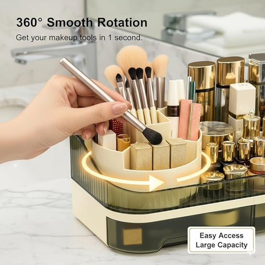Makeup Organizer Countertop with Dual Drawers, Large Capacity Cosmetic Storage for Vanity Bathroom Skincare, 360° Rotating Makeup Brush Holder