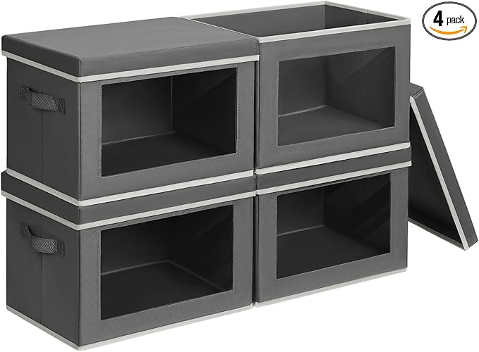 Homsorout Storage Bins with Lids - Small Fabric Organizers with Window, Collapsible Storage Bins for Clothes, Decorative Closet Organizers for Towels, Tshirt, 4 Pack, Dark Grey