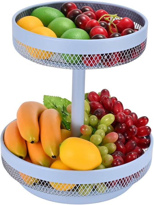 IBERG 2 Tier Fruit Basket - Detachable Mesh Fruit Bowl for Kitchen Countertop - Metal Basket Stand for Fruits,Vegetables, Bread & Snacks (Chambray Blue)