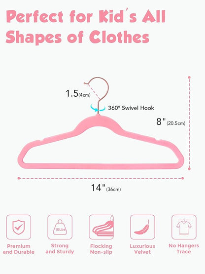 Smartor Kids Velvet Hangers 50 Pack, 14 Inch Premium Non Slip Kids Felt Hangers for Closet, Space Saving Toddler Clothes Hanger for Youth's Childrens' Clothes (Rose Gold Hook)- Pink