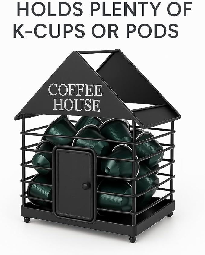 House-Shaped Coffee Pod Organizer – Countertop Coffee Station Holder for Keurig & Nespresso Pods – Modern Black or Gold Kitchen Organizer (Black)