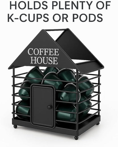 House-Shaped Coffee Pod Organizer – Countertop Coffee Station Holder for Keurig & Nespresso Pods – Modern Black or Gold Kitchen Organizer (Black)