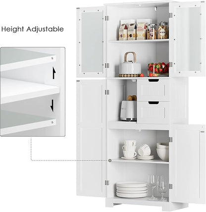 BOTLOG 67'' Tall Bathroom Storage Cabinet, Linen Cabinet with Glass Doors and Adjustable Shelves, Kitchen Pantry with 2 Drawers for Bathroom, Living Room, Dining Room, White