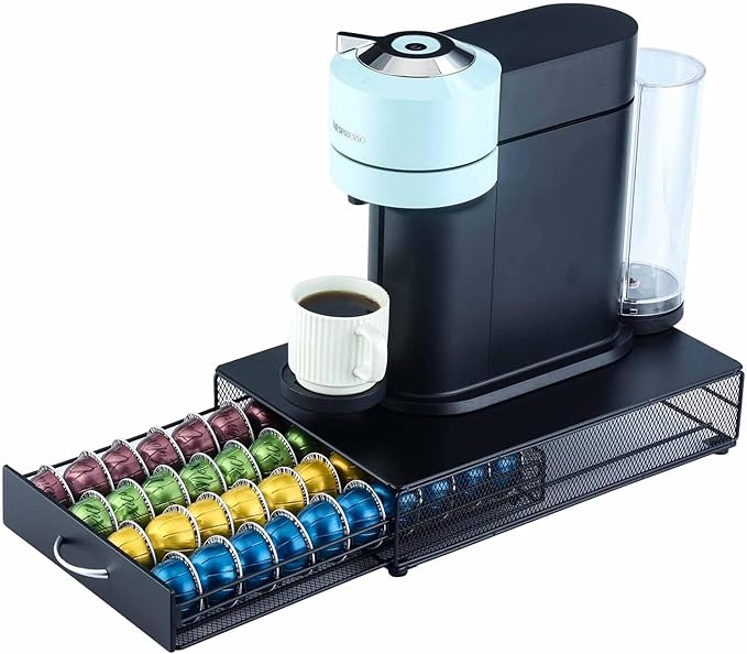 FlagShip Vertuo Pod Holder Drawer with Black Metal,Compatible for Nespresso VertuoLine Pods,Holds up to 40 Big Vertuo Pods,Smooth Pull-Out Design,Fits Under Coffee Makers (10.4''W x 15.2''D x 3.6''H)